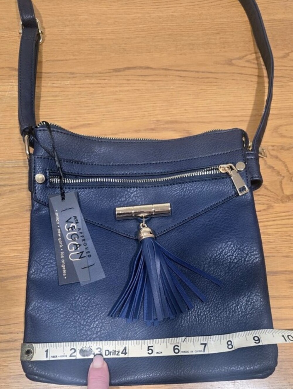 NEW w/Tags Blue SUGU Vegan Leather Crossbody Bag with Gold Accents and Tassel